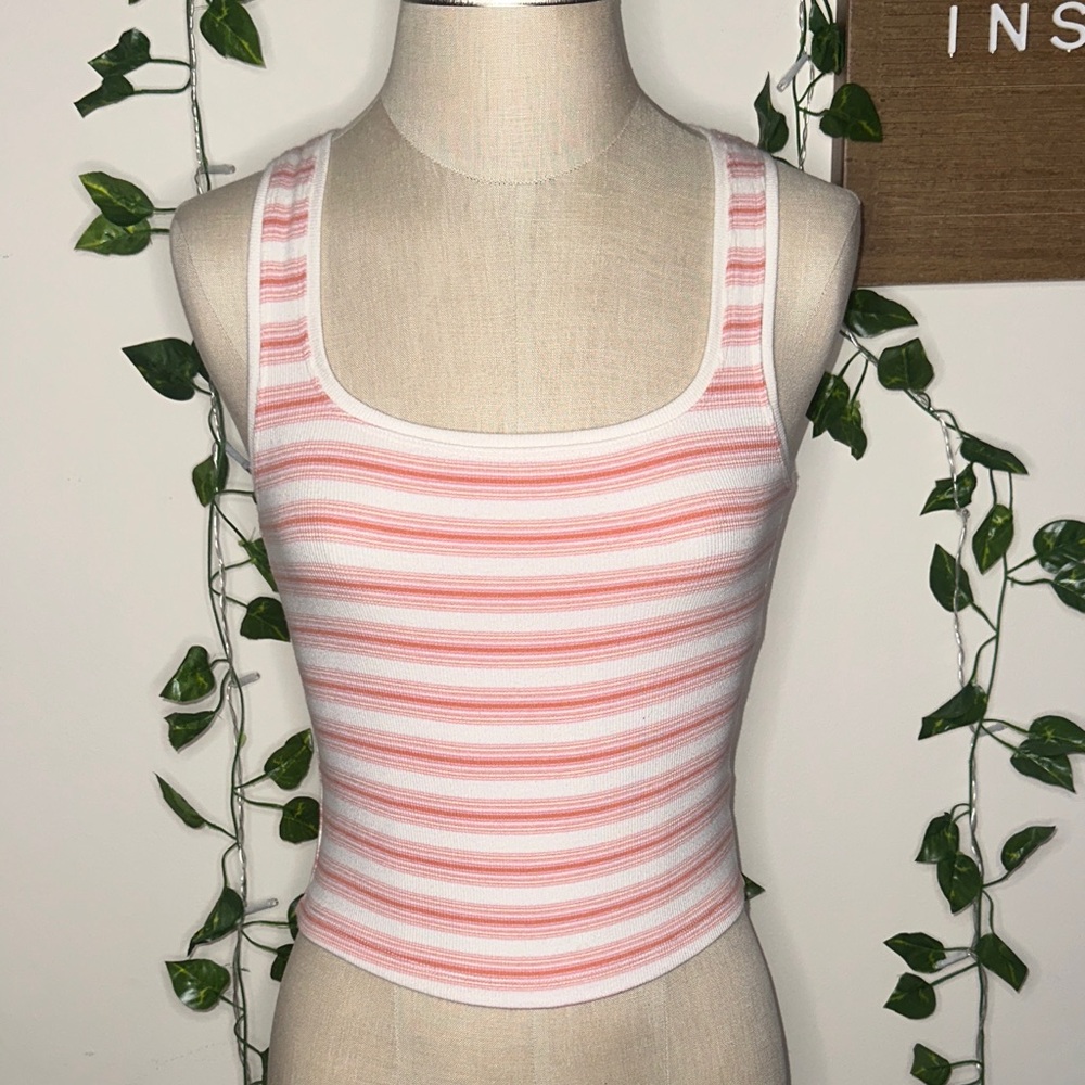 American Eagle Pink Orange & White Striped Square Neck Tank Top
